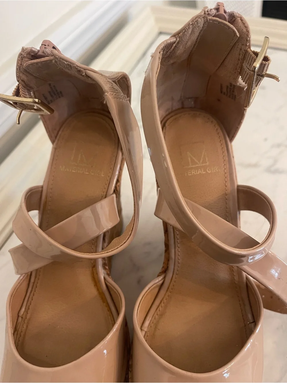 Material Girl Nude Patent Cork Wedge Sandals